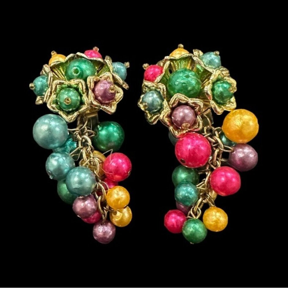 Vintage Multi-Color Beaded Clip-On Earrings With Gold-Tone Floral Design